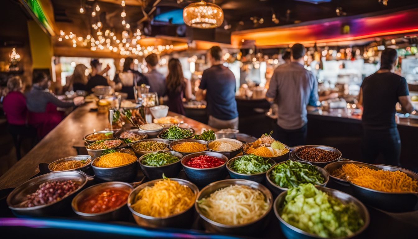 A vibrant taco bar with diverse people and a variety of toppings