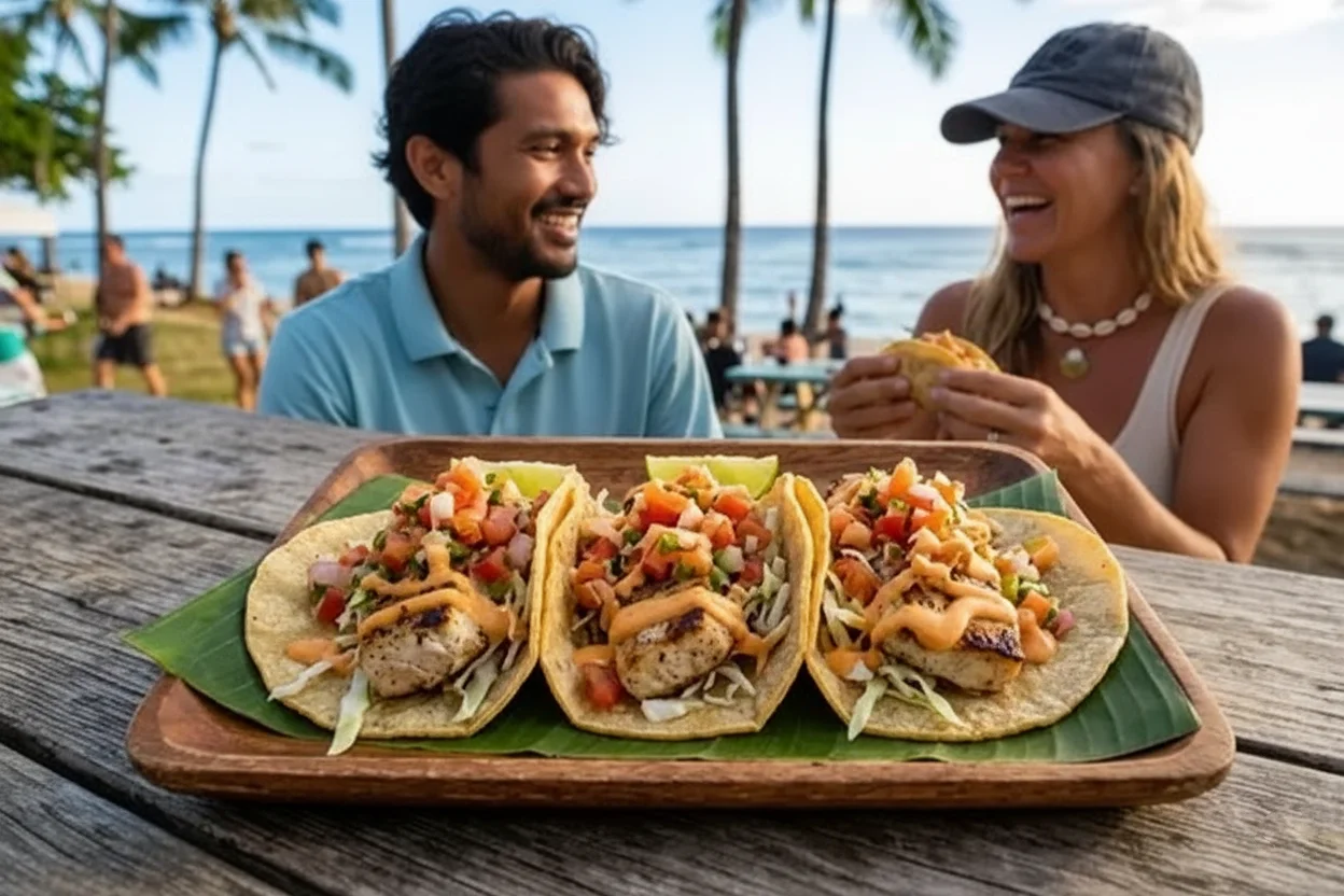 Close-up of Baja-style fish taco with fresh lettuce, lime, and creamy surf sauce