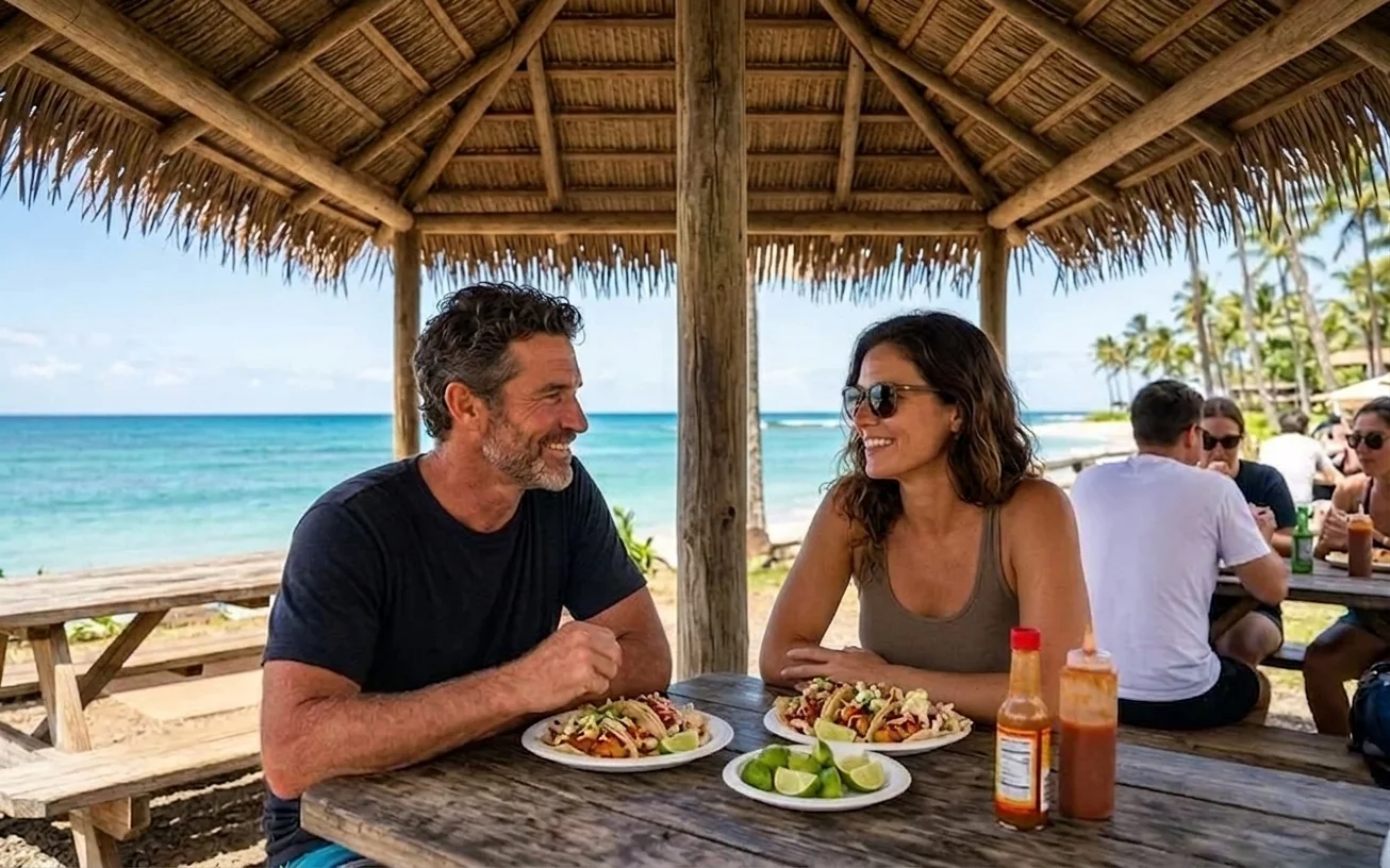 Classic Baja-style fish taco stand on the coast with ocean views and casual dining