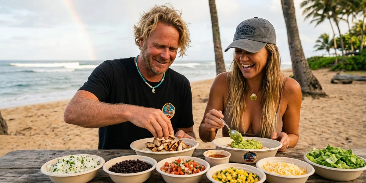 A fully loaded Beach Burrito with rice, beans, grilled protein, fresh toppings and salsa