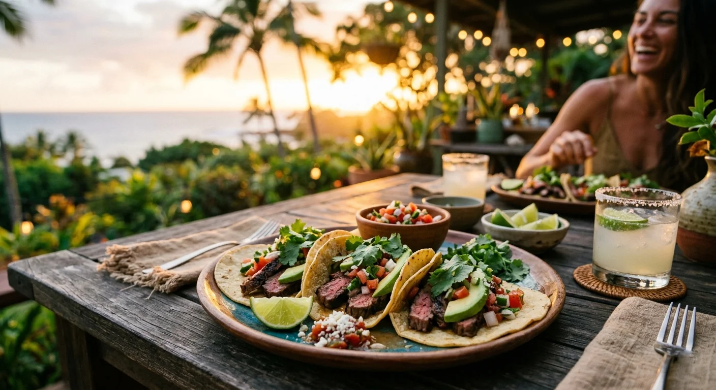 Carne asada tacos assembled with avocado, pico de gallo, and fresh cilantro