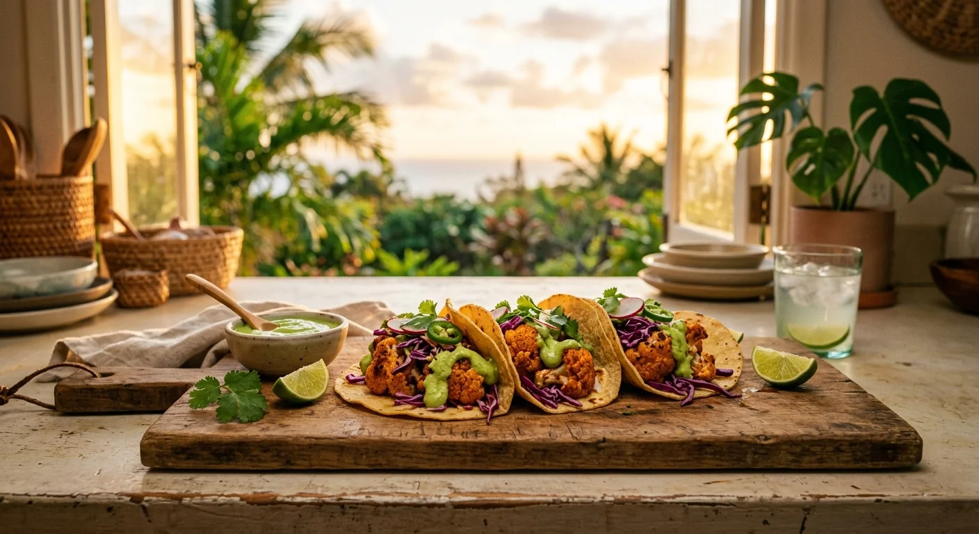 Assembled cauliflower tacos with avocado sauce and red cabbage on a wooden board