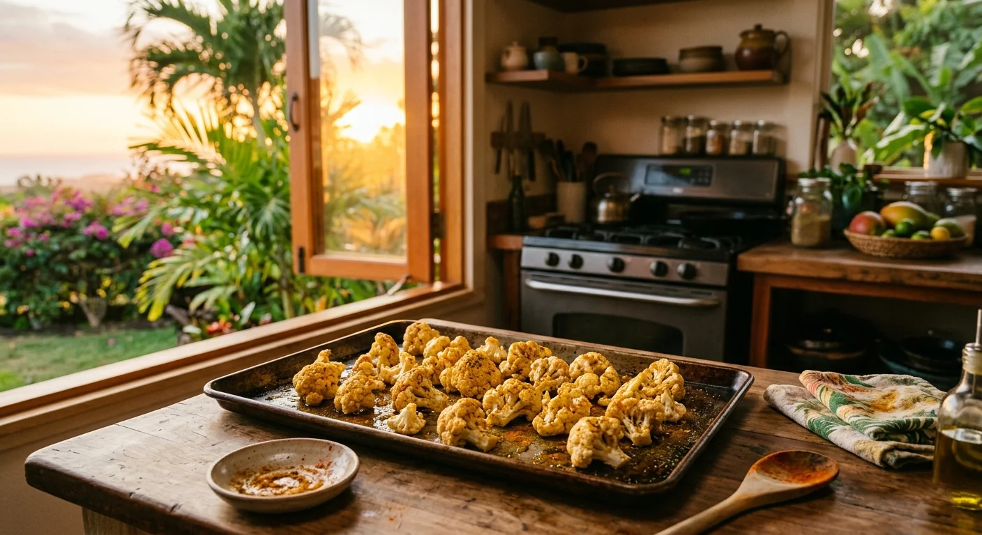 Spice-coated cauliflower florets spread on a baking sheet ready for the oven