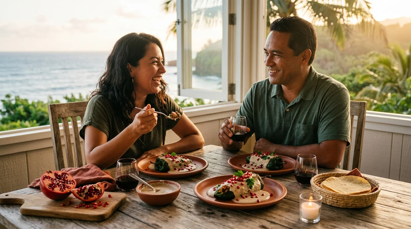 Chile en nogada plated with creamy walnut sauce, pomegranate seeds, and parsley garnish on a white dish