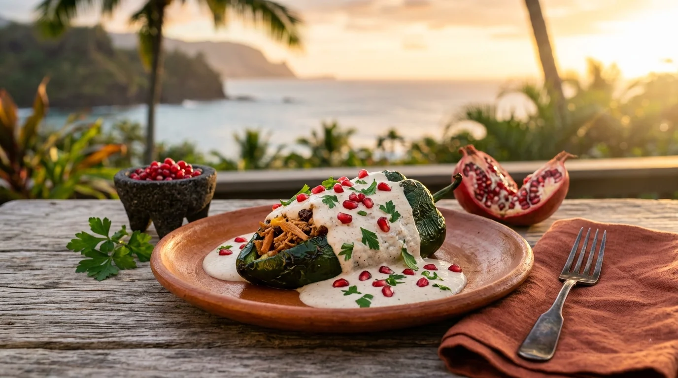 Authentic chile en nogada — a roasted poblano pepper stuffed with picadillo, draped in creamy walnut sauce, and topped with pomegranate seeds and parsley