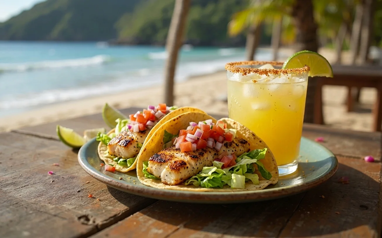 Classic lime margarita with salt rim next to a crispy Surfin' Taco