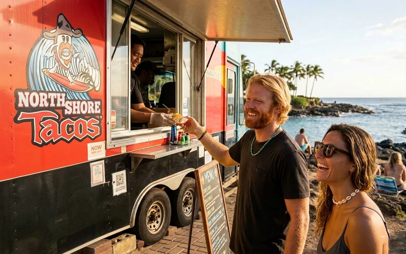 Customers ordering at the North Shore Tacos food truck window with ocean in background