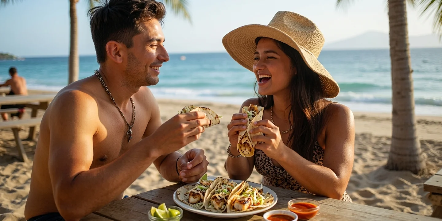 People enjoying fish tacos at picnic tables near Sharks Cove with ocean views