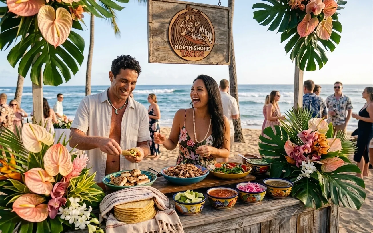 Elegant taco bar setup at an outdoor Hawaiian wedding with tropical flowers