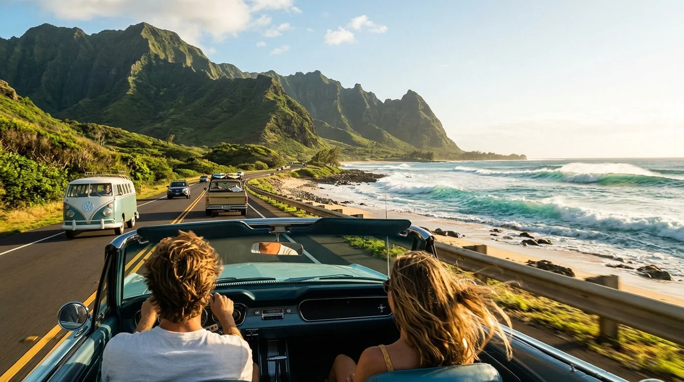 Scenic Kamehameha Highway drive along the North Shore coastline with mountains
