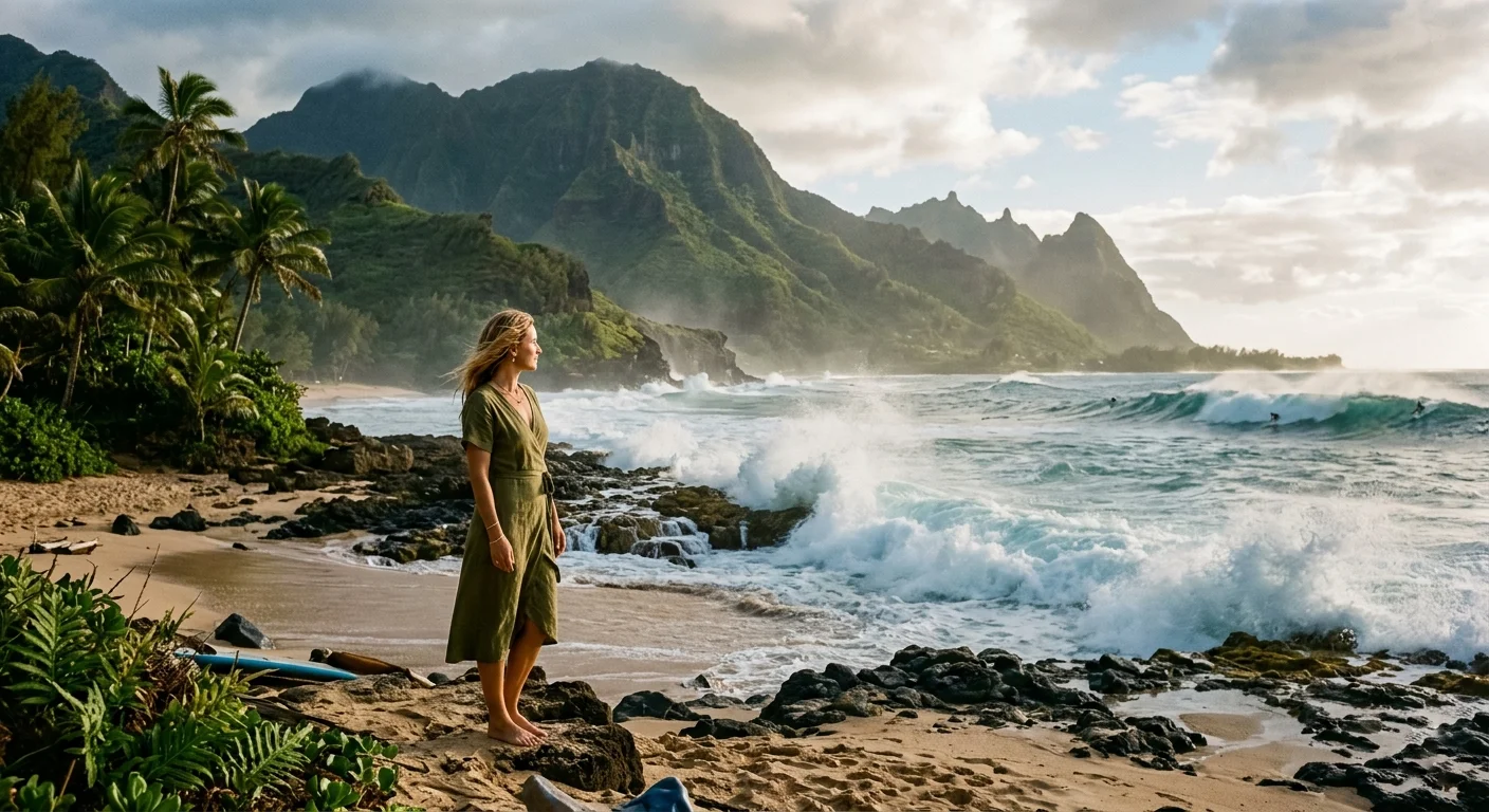 North Shore coastline with dramatic waves and lush green mountains in the background