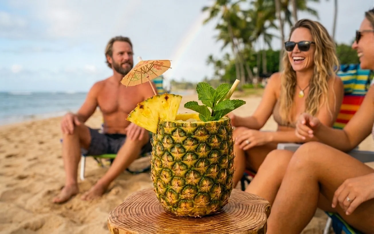 Finished Pineapple Tiki drink in a glass with pineapple wedge, mint, and paper umbrella