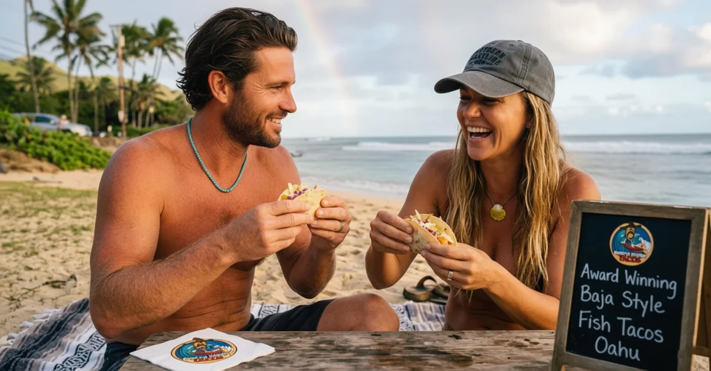 Fish taco plate with three tacos, rice, beans, and tropical salsa on the side