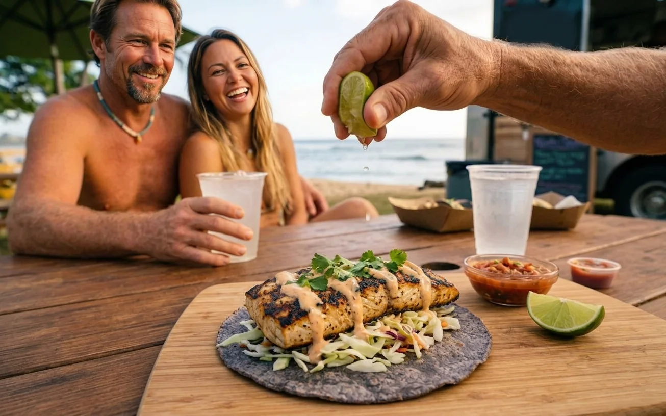 Golden crispy mahi-mahi fillet fresh from the fryer for fish tacos