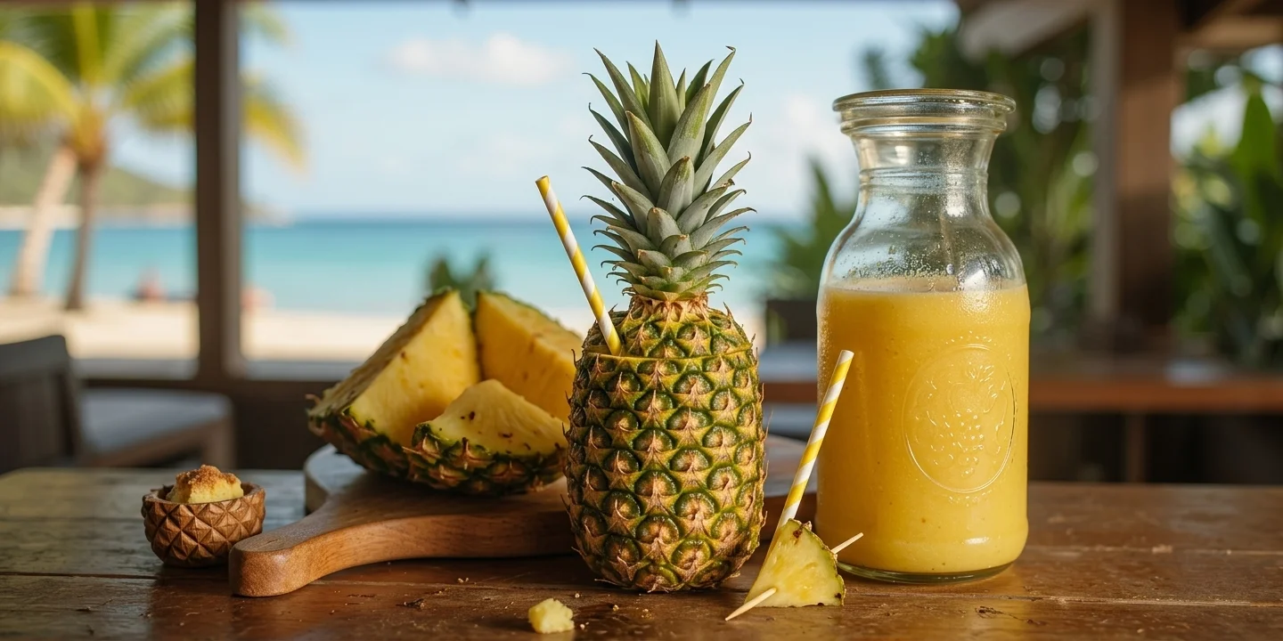 Ingredients for making a homemade Pineapple Tiki drink with fresh pineapple and coconut