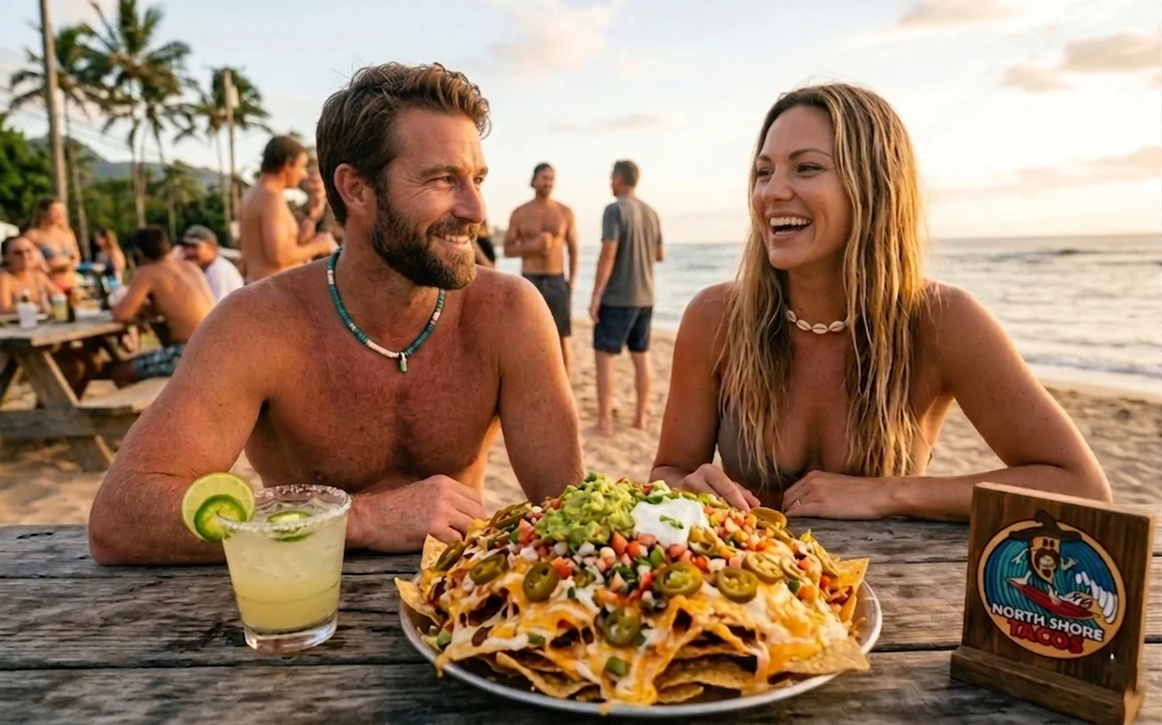 Loaded nachos with all the toppings next to a margarita with lime garnish