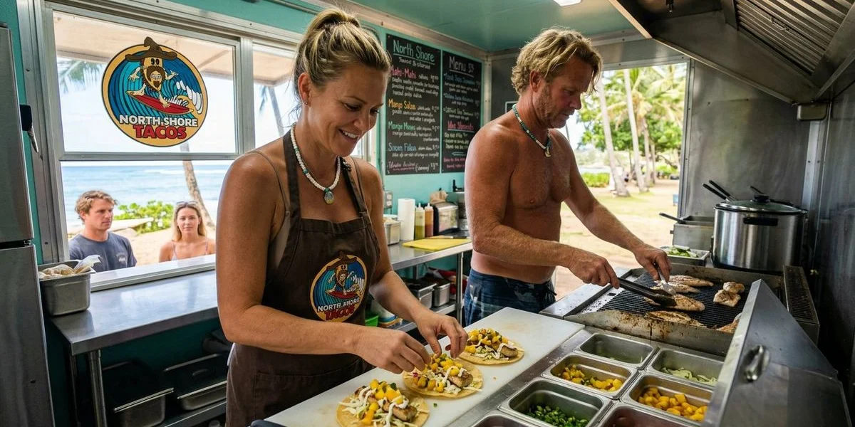 Chef assembling Surfin' Tacos with fresh fish, lettuce, jack cheese, and signature Surf Sauce