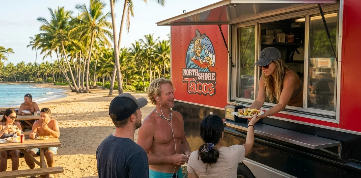 Colorful food trucks lined up along Kamehameha Highway on Oahu's North Shore