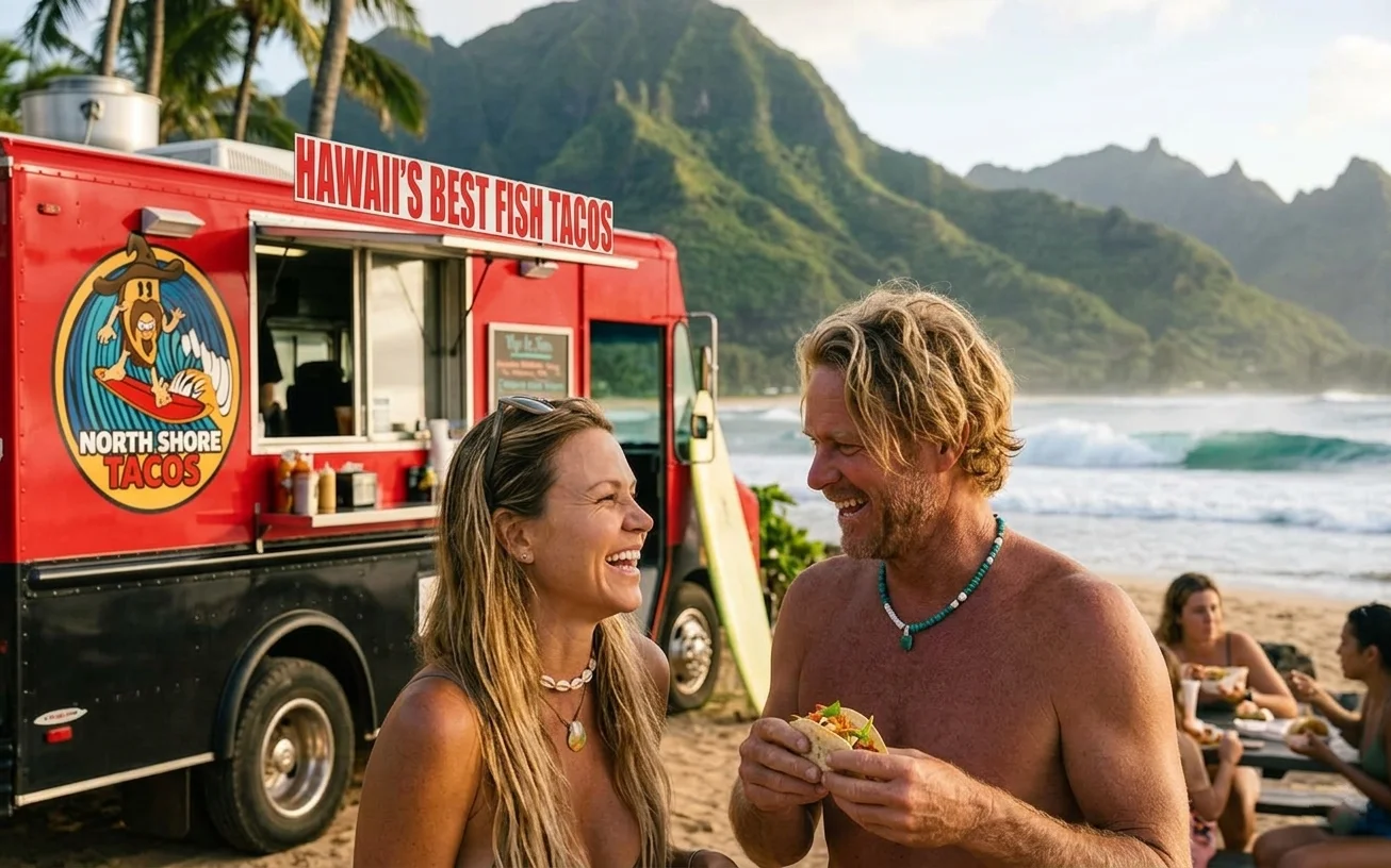 Scenic North Shore Oahu coastline with surf break and food trucks in the background