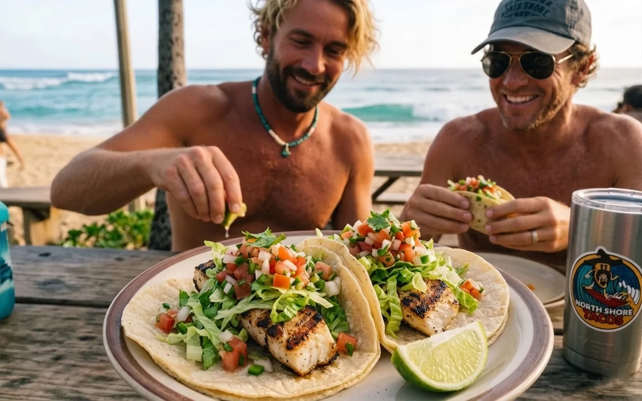 North Shore Tacos food truck at Sharks Cove with colorful truck and picnic table seating