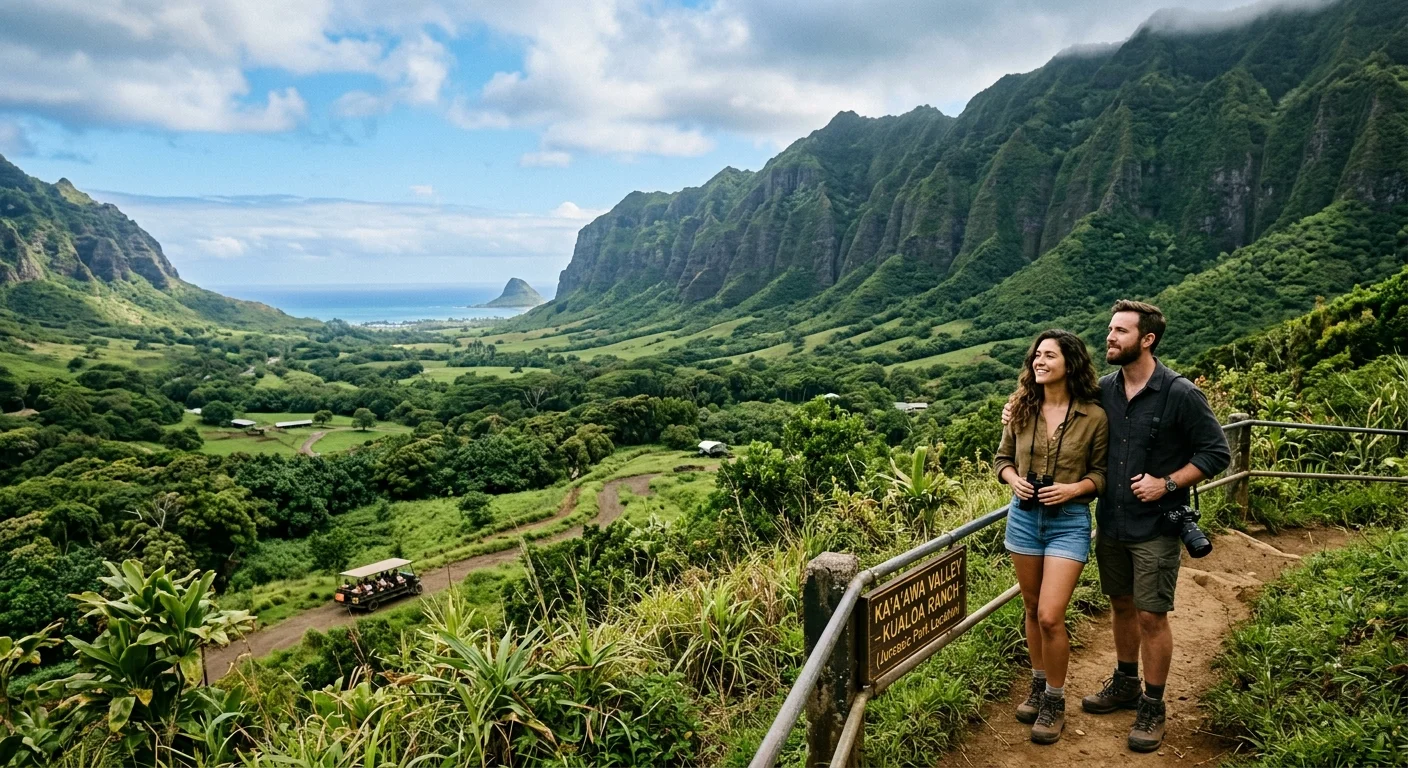 Lush green valley at Kualoa Ranch on Oahu where Jurassic Park was filmed