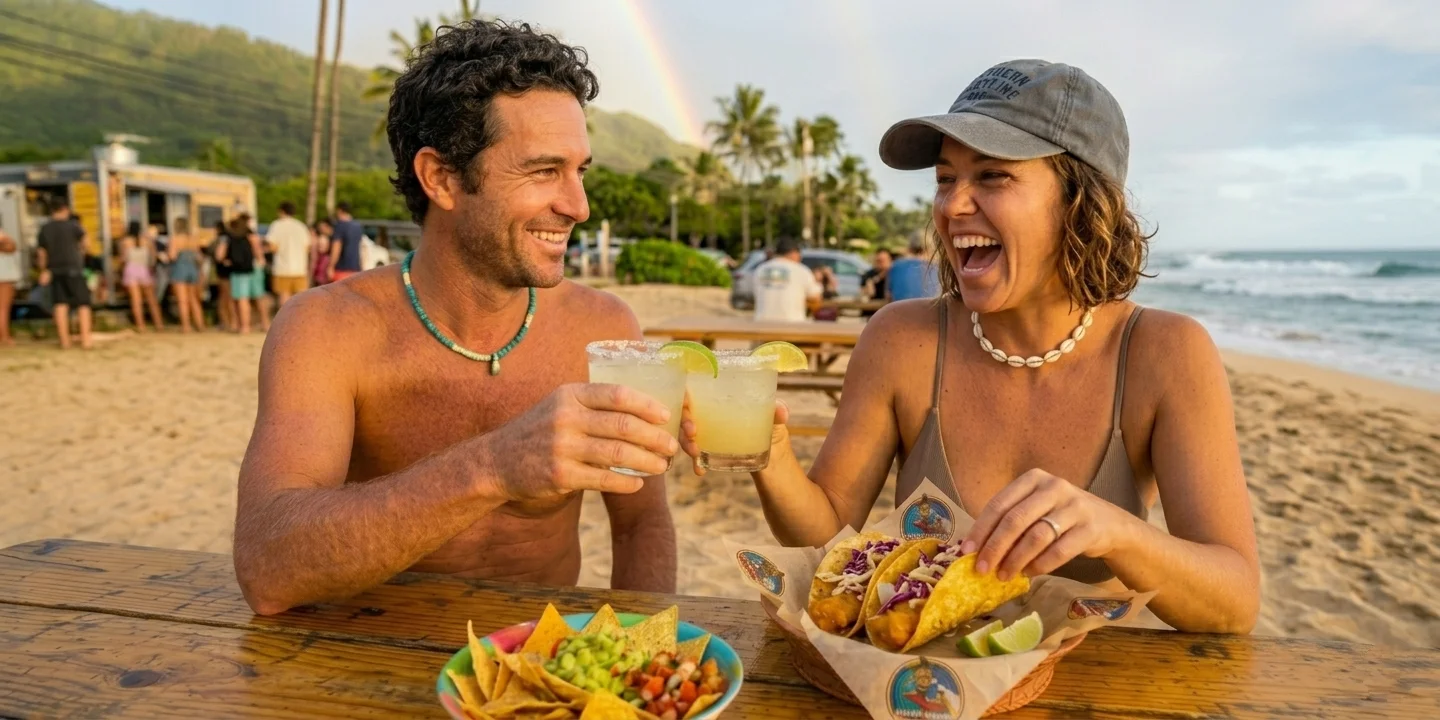 Classic lime margarita paired with fish tacos on an outdoor dining table
