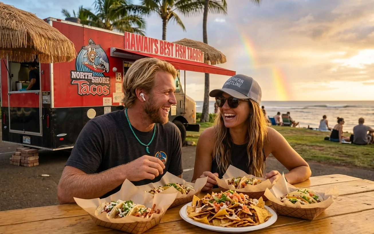 View from the food truck picnic tables overlooking the Pacific Ocean at sunset