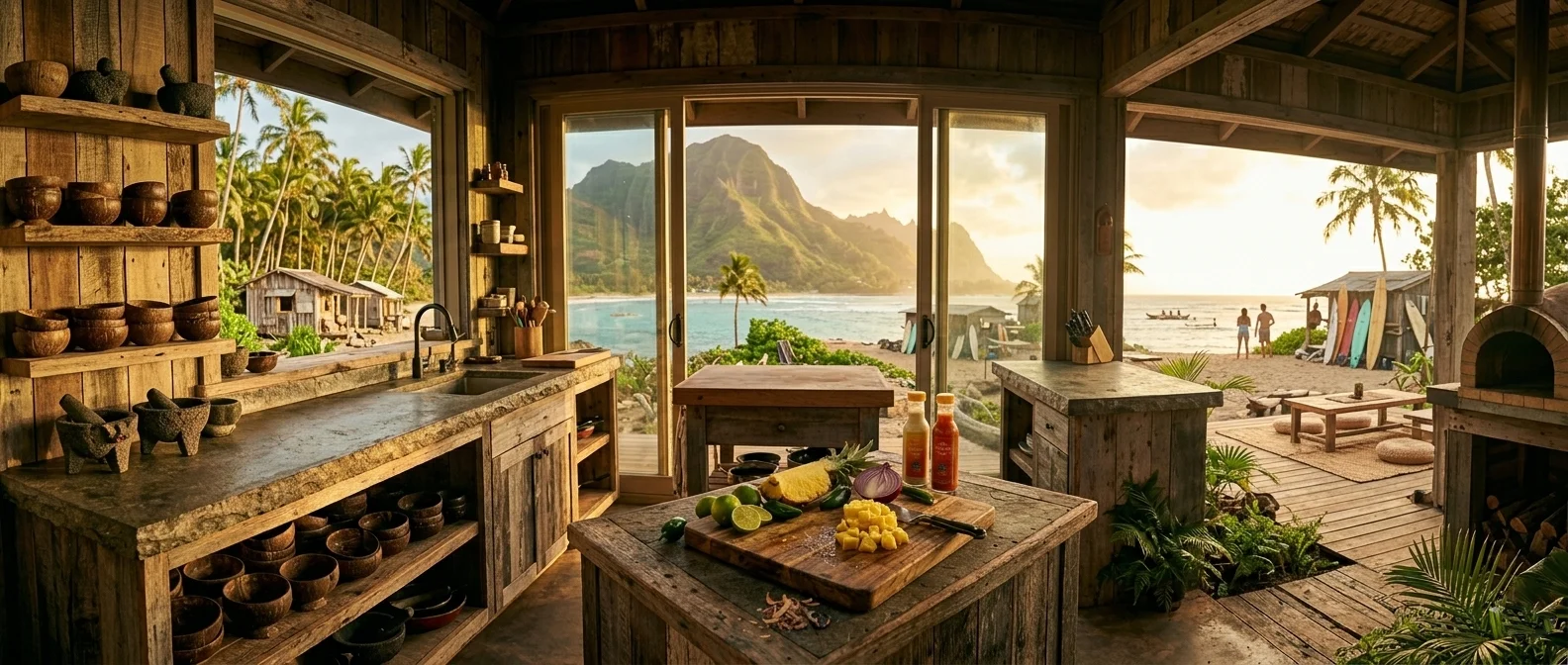 Fresh pineapple being diced on a cutting board with lime, jalapeño, and red onion nearby