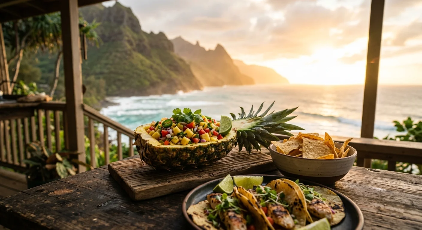 Pineapple salsa served in a hollowed pineapple half with tortilla chips on the side