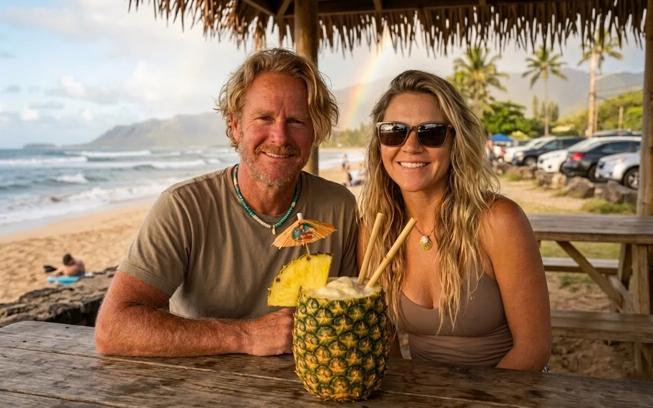 Signature Pineapple Tiki drink with pineapple wedge garnish in tropical setting