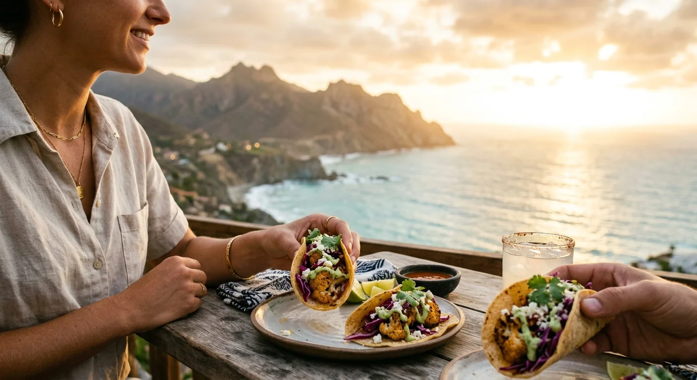 Roasted cauliflower tacos with cilantro-avocado sauce, red cabbage, and lime wedges