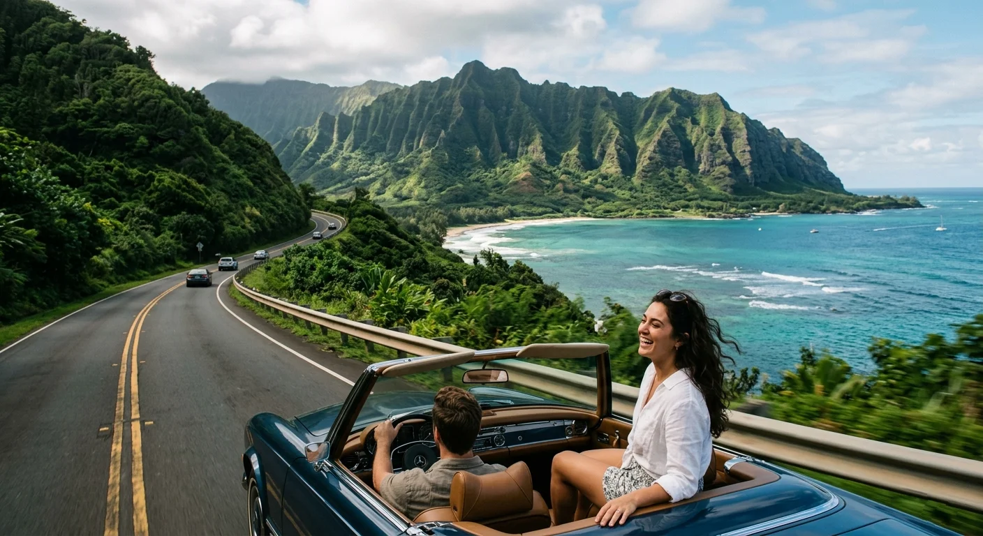 Coastal view from Kamehameha Highway with turquoise water and green mountains