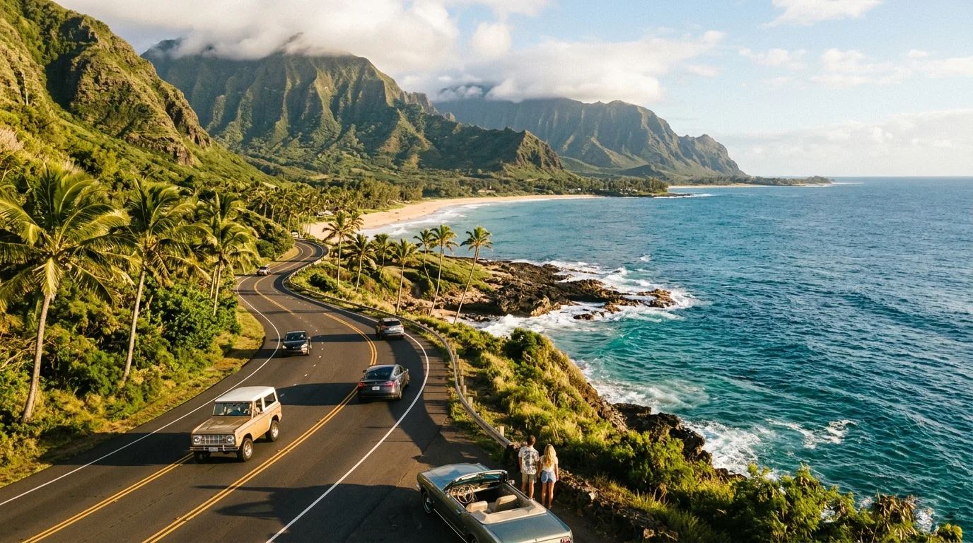 Kamehameha Highway winding along Oahu's North Shore coastline with mountains and ocean