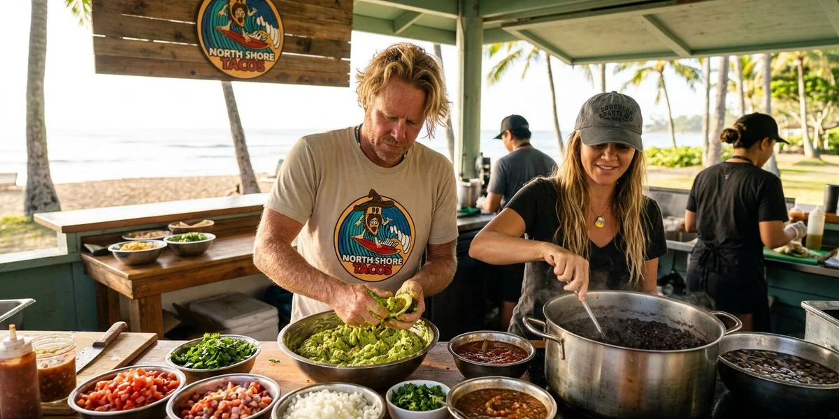 Morning kitchen prep at North Shore Tacos with fresh salsas, beans, and guacamole being made
