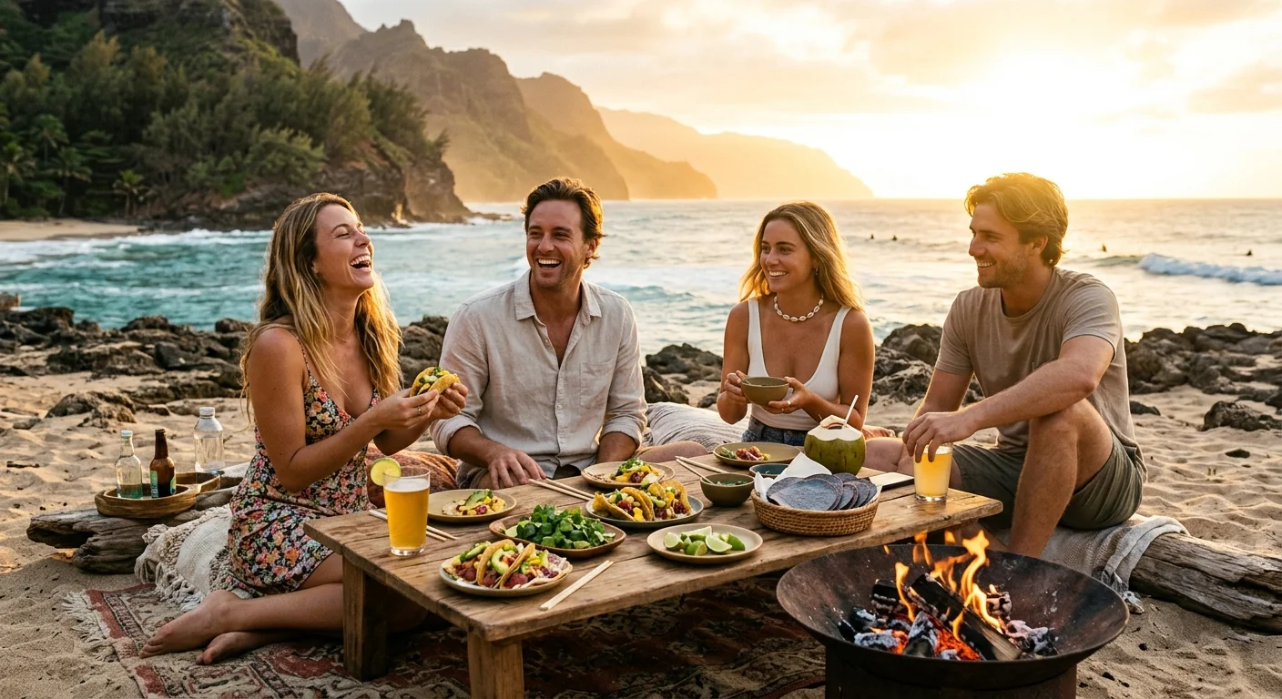 Seared ahi tuna slices with sesame seeds on a taco with Asian-fusion toppings