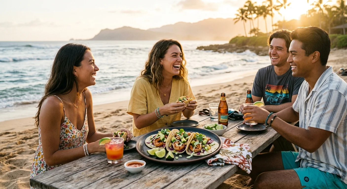 Assembled shrimp tacos with avocado, cilantro, and lime crema on a plate