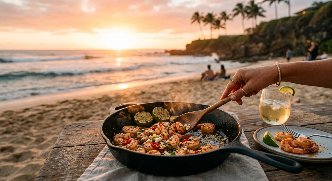 Seasoned shrimp searing in a hot skillet with garlic and lime