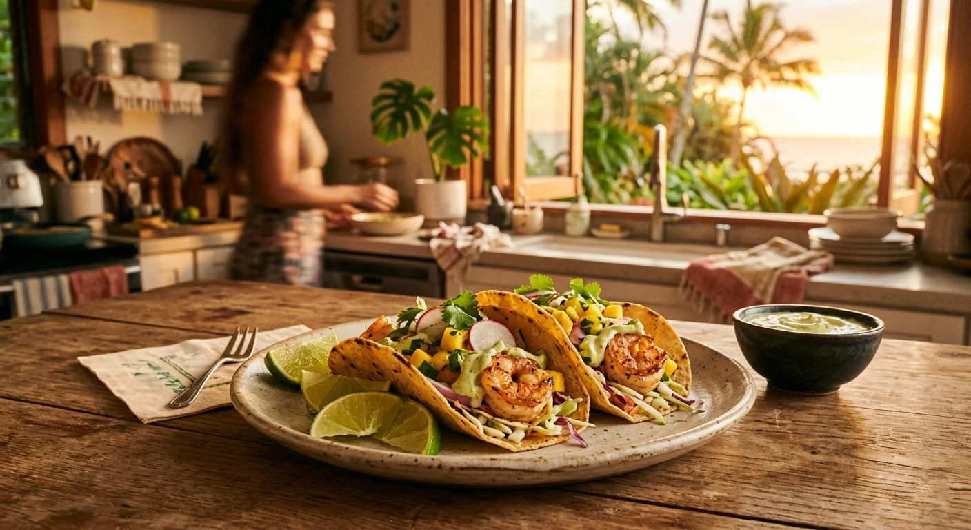 Plated shrimp tacos with fresh toppings, lime wedges, and creamy sauce