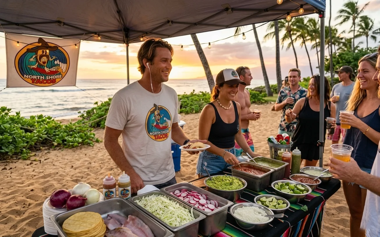 Outdoor taco catering setup with fresh ingredients, salsas, and toppings at a beach event