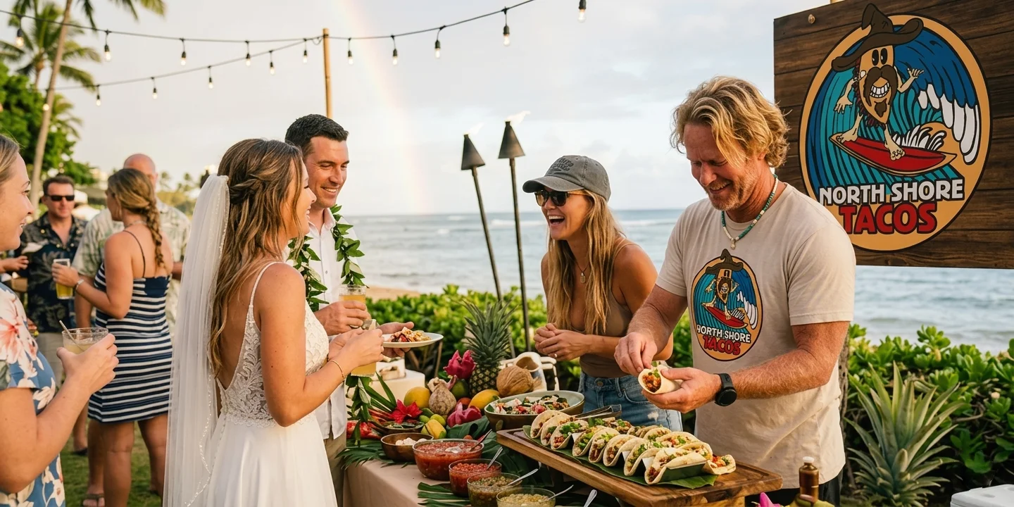 Beautiful taco catering setup at a Hawaiian wedding venue with tropical decorations