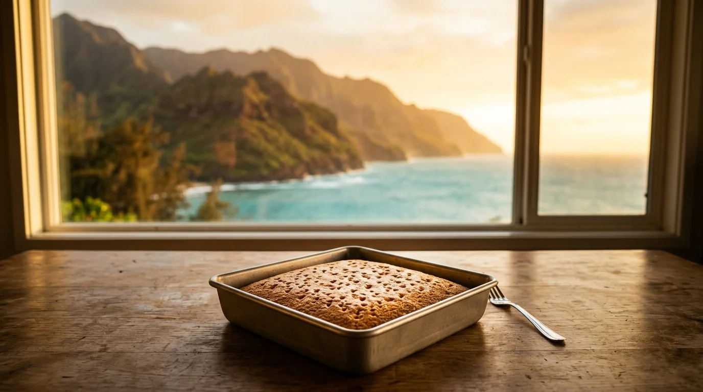 Tres Leches sponge cake cooling in the pan with fork holes ready for the milk soak