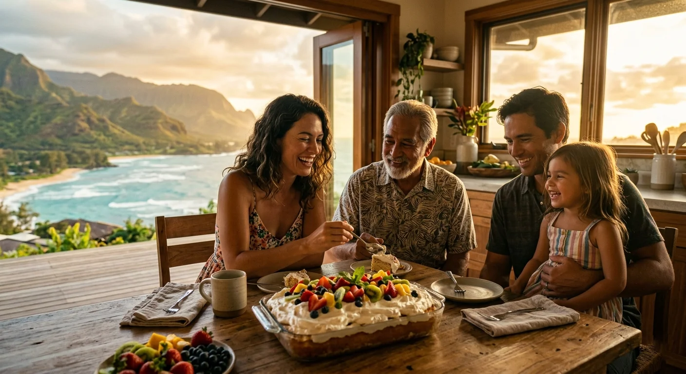 Finished Tres Leches cake with whipped cream topping and fresh fruit garnish