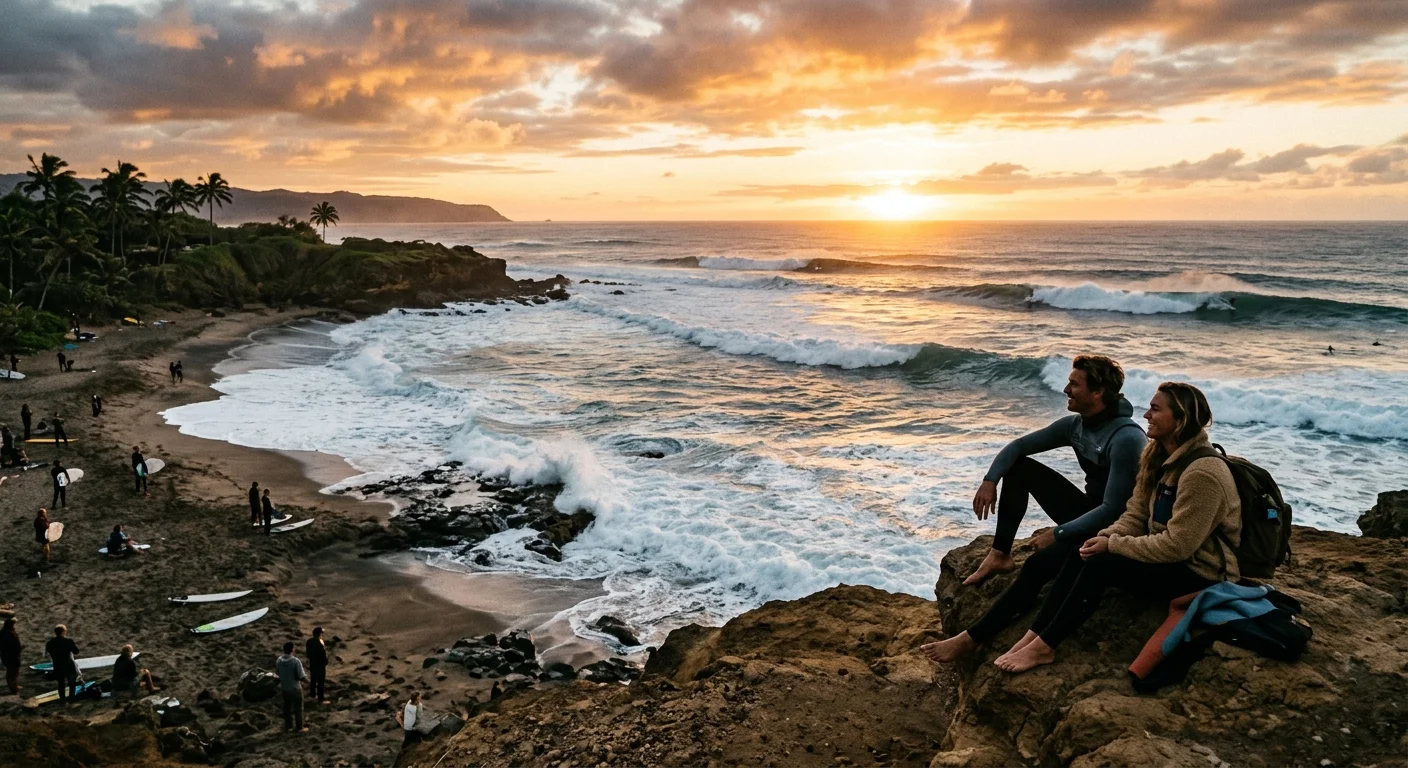 Sunset view along the North Shore coastline during winter surf season