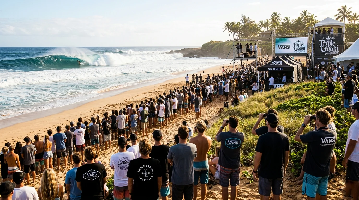 Spectators watching surfers compete at a North Shore beach during the Triple Crown