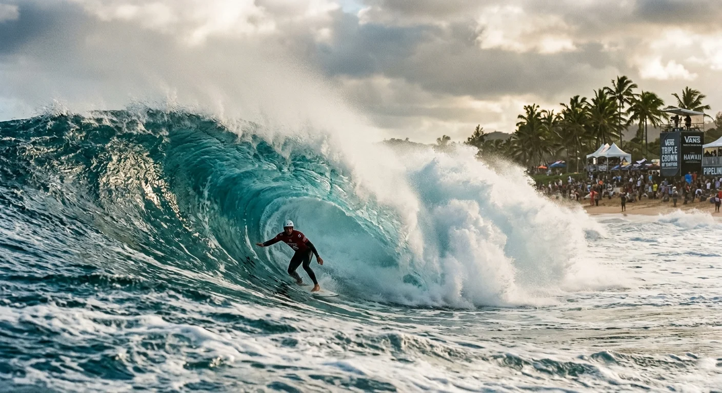 Massive winter wave breaking at Pipeline on Oahu's North Shore during surf competition season