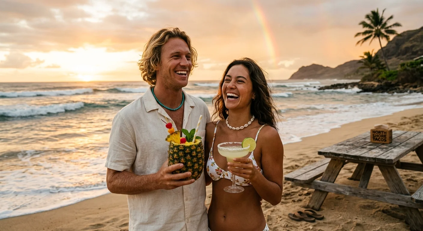 Colorful tropical drinks including Pineapple Tiki and margaritas in a Hawaiian setting