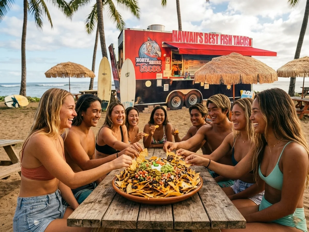 Tour group dining at North Shore Tacos