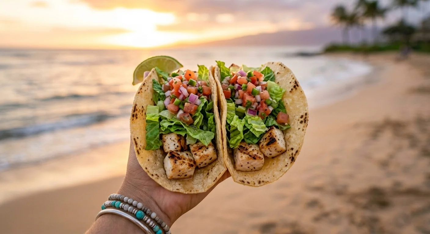 Two fresh fish tacos with pico de gallo, lettuce and lime, held against a golden-hour North Shore beach