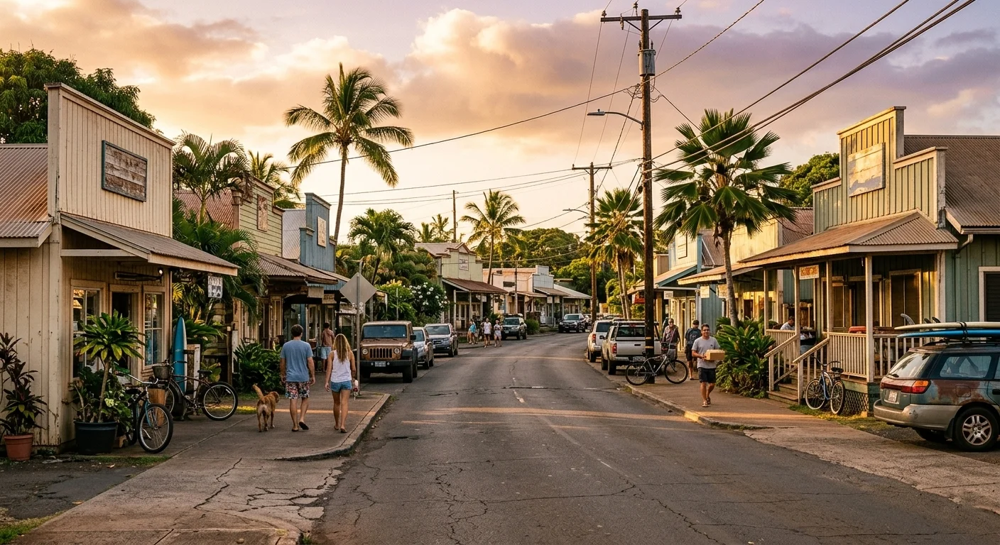 A historic plantation-style small-town street on Oʻahu's North Shore at golden hour