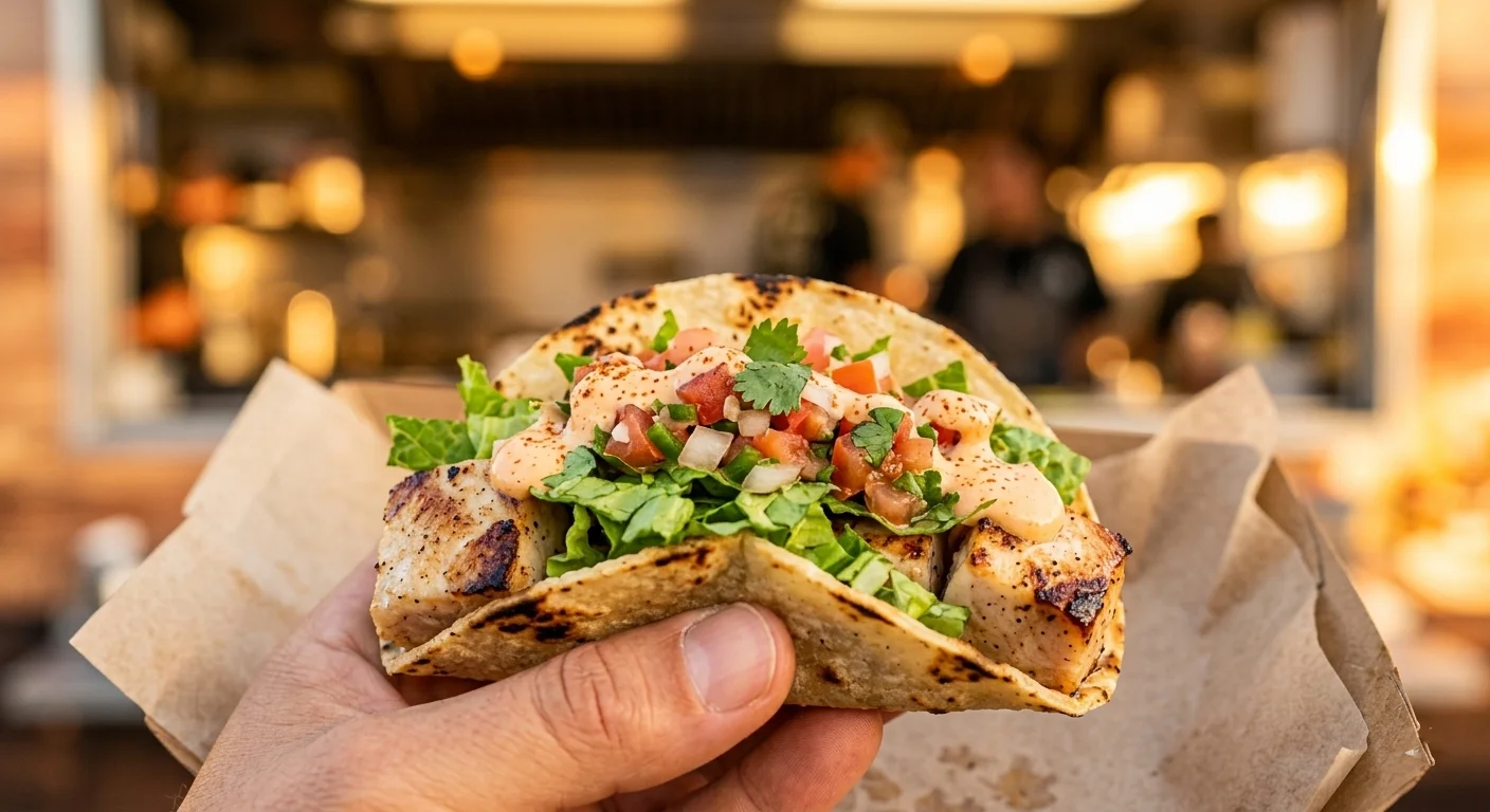 A North Shore Tacos Baja-style fish taco with creamy house sauce, held at the food-truck window